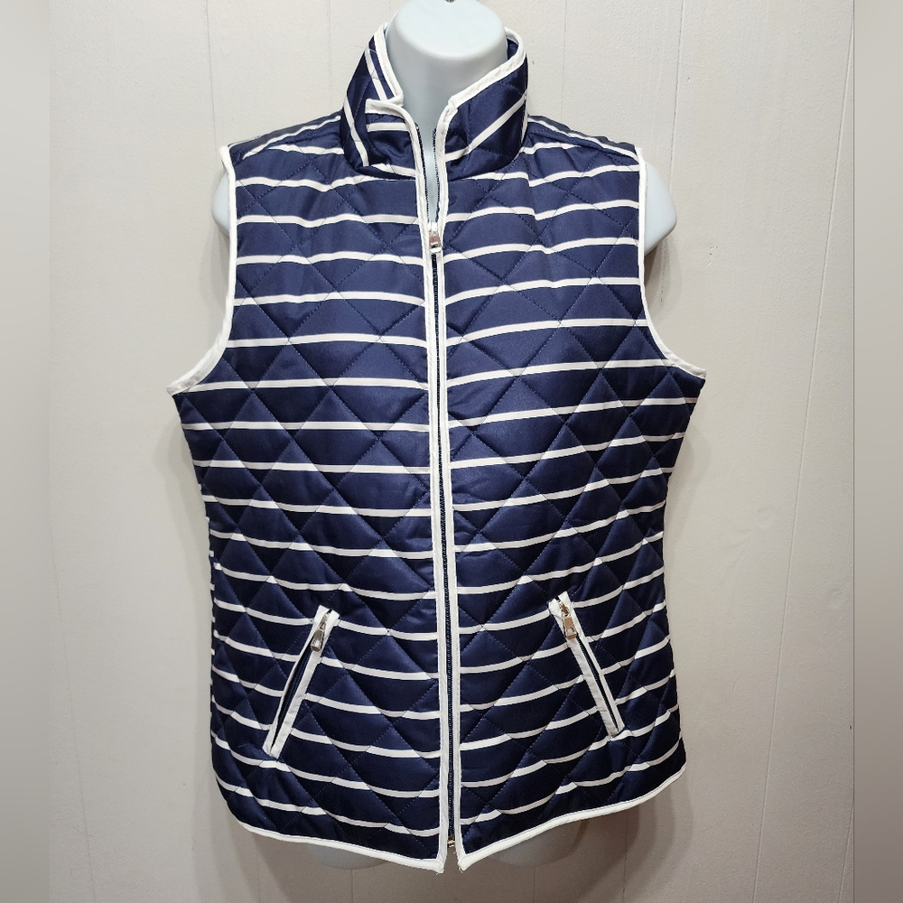 Hannah Vest Women's Quilted Small‎ Stripes  Navy White Pockets Lightweight B339